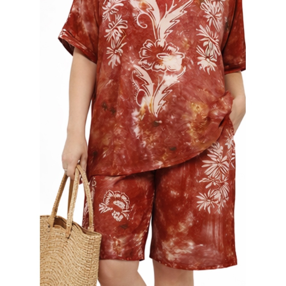 Vintage Lady Cactus Womens Shorts Top Set Size M Red Batik Floral Handmade‎